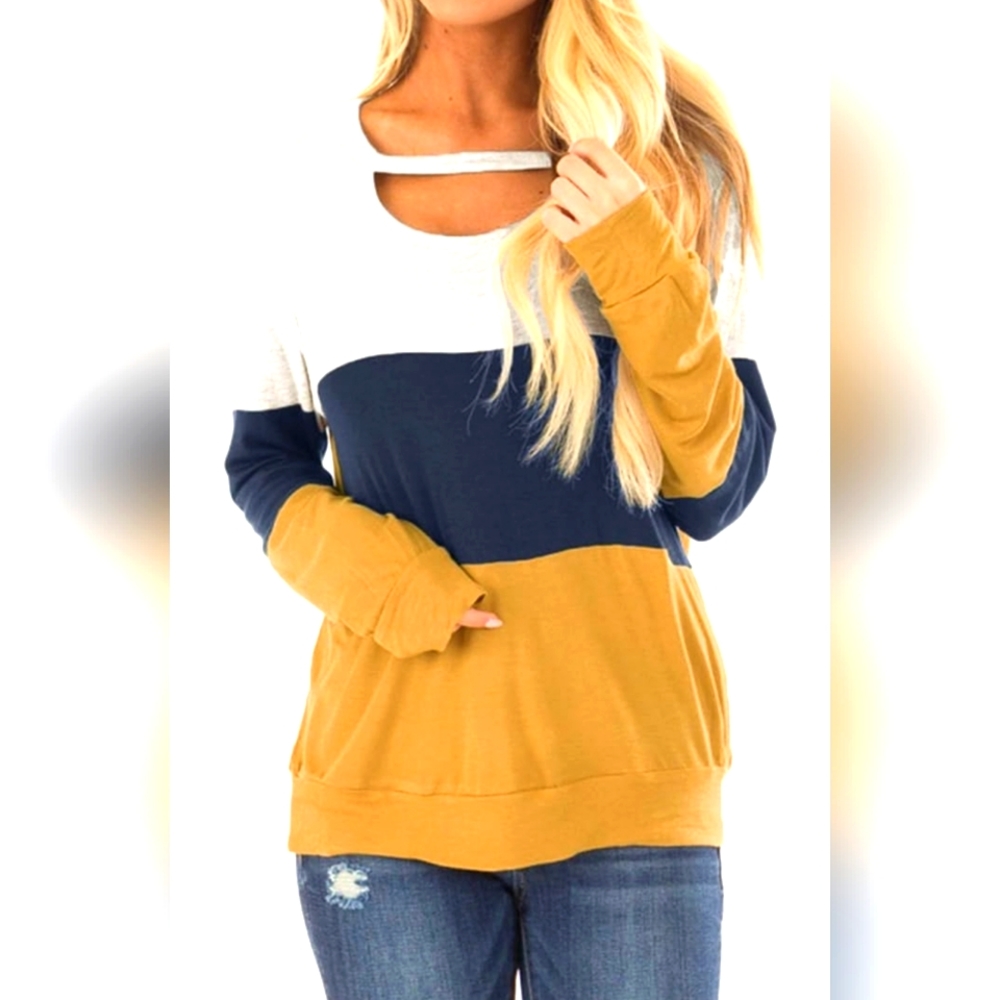 Topstype Women's Fall Color Block Chest Cutout Tunic Long Sleeve